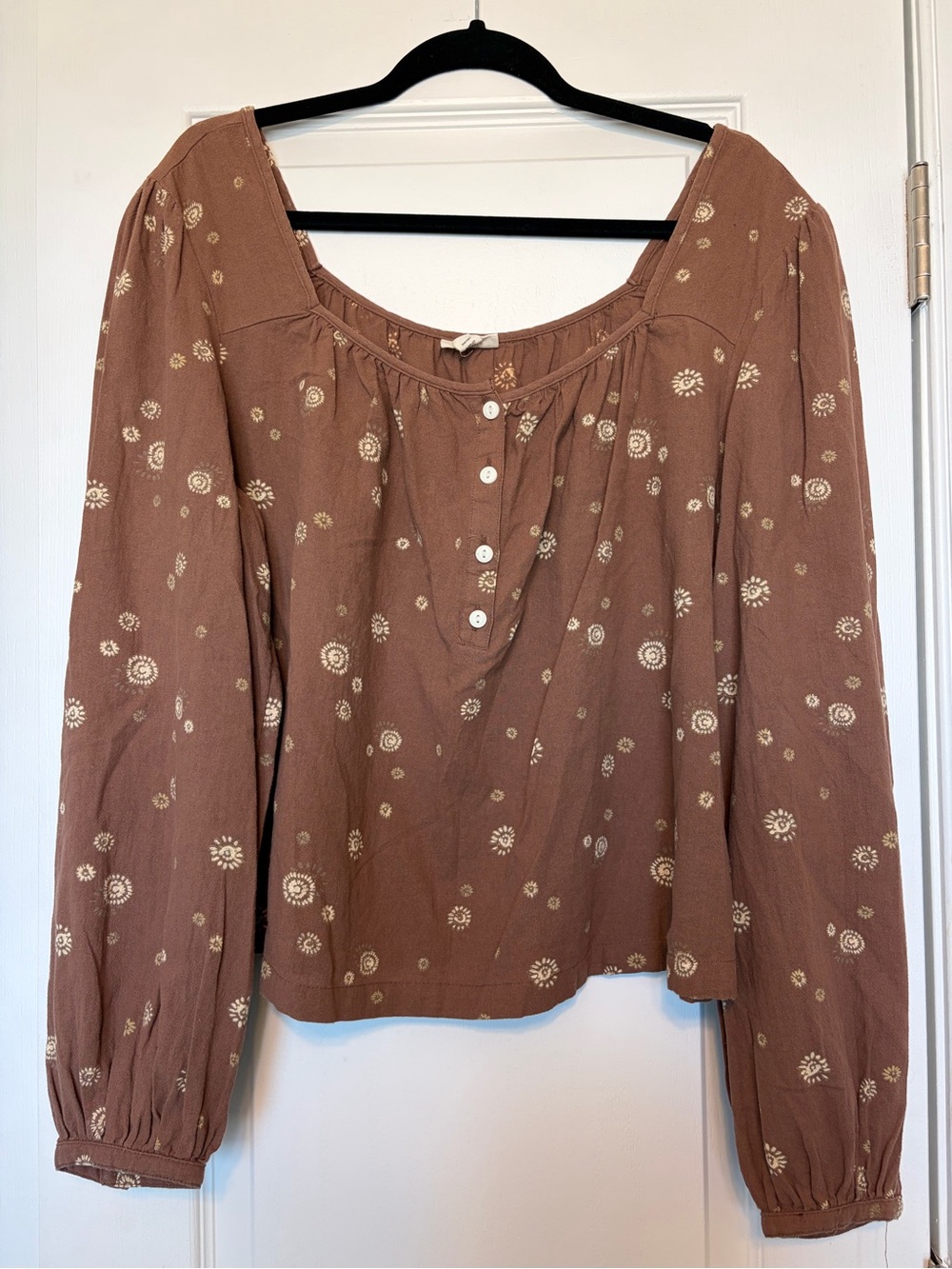 a.n.a Rust Boho Sunburst Print Square-Neck Balloon Sleeve Cotton Blouse Size L